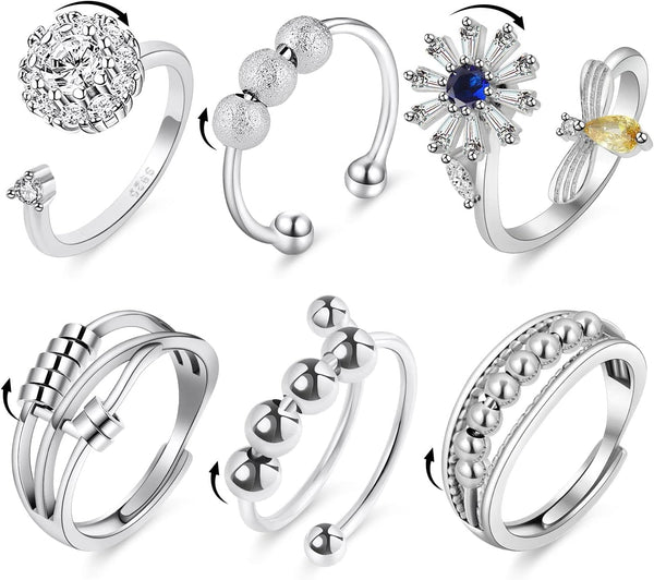 Aucuu 6PCS Anti Anxiety Fidget Ring for Women, Open Adjustable Ring, CZ Cubic