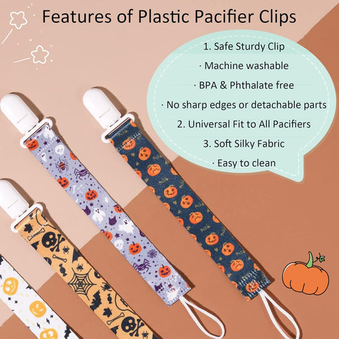 Halloween Pacifier Clips, 6 Pack Binkie Paci Holder Clips for Boys and Girls Fits for Most Pacifiers, Teethers & Toys and Holiday Gift(Bone,Skull,Ghost,Pumpkin)