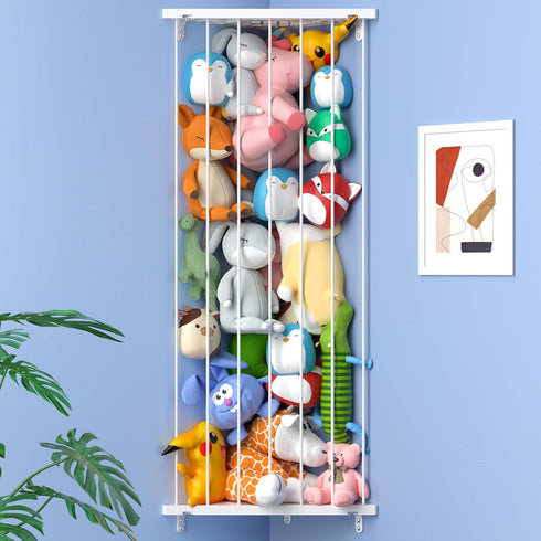 Kids Stuffed Animal Storage Organizer - Adjustable Length Wall Plush Holder for Nursery Playroom Bedroom (White)