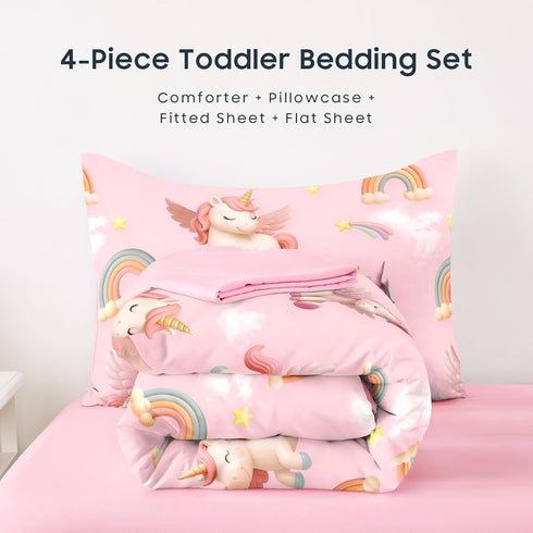 Set 3D 4 Set Wake In Cloud - Toddler Bedding for Girls, Unicorns Rainbow Clouds, Pieces Soft Crib Bed Including