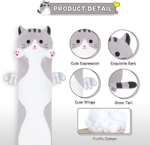 Yeqivo Girlfriend(110cm/43.3inch) Soft Cat Plush Pillow, Grey Long Cat Stuffed Animals Soft Long Kitten Plushies Kawaii