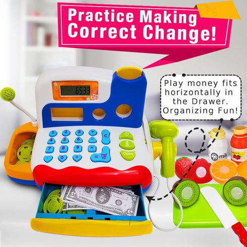 FUNERICA Toy Cash Register with Scanner, Microphone, Interactive Calculator, Grocery Food, Pretend Play Money