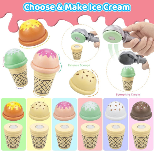 Minnot 32 Set Counter 3 4 5 6 7 8 Wooden Ice Cream Toys pcs Pretend Ice Cream Play with Scooper, Menu, Fake Money