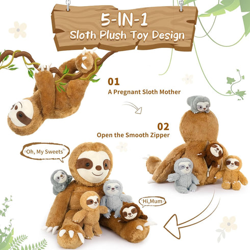 MaoGoLan Sloth Stuffed Animal Set - 5 Pcs Large Mommy Sloth with Babies Plush Toys, 3 Toed Sloth for Kids 22 Inches