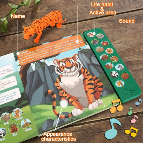 Tudoccy 13 3 Safari Animals Figures Toys - Realistic Wild Plastic Animal Figurines & Kids Sound Book - Educational