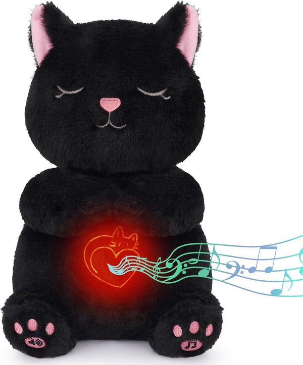 Breathing Stuffed Animal - Black Cat Plush Baby Toy, Soothing Sound Machine