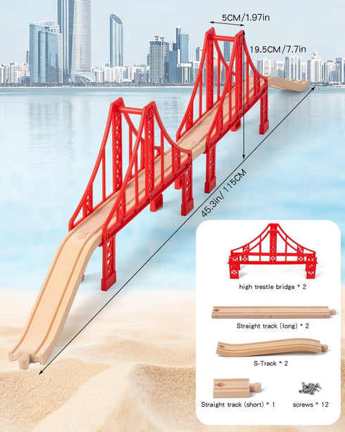 Payarma Set 3-5 Wooden Train Track Accessories Train Railway Accessories Double Suspension Train Bridge Toy Train