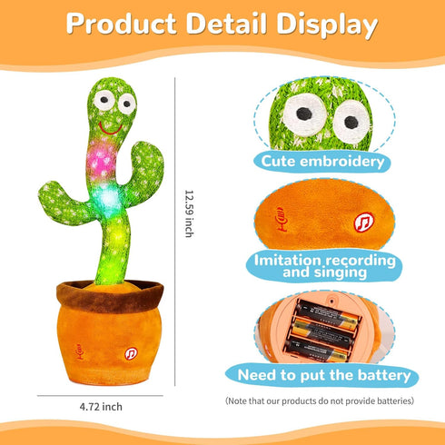 Tummy Dancing & Singing Cactus Baby Toy, Repeats What You Say with Adjustable Volume, Interactive Light up Sensory Toy
