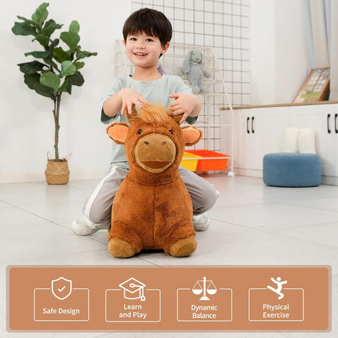 INPANY Bouncy Bull Hopping Toys, Brown Plush Highland Cow Hopper for Kids, Inflatable Farm Animal Bouncer for 2-4 Year