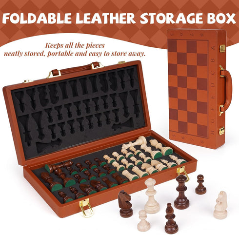 GenJuw 15 Inch Set 2 Magnetic Chess with Leather Chess Board & Handle Portable Travel Chess Game with Wooden Pieces