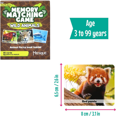 Menique Wild Animals Memory Matching Game, 80 Cards with Real Photos, Educational Booklet Included for Kids & Adults