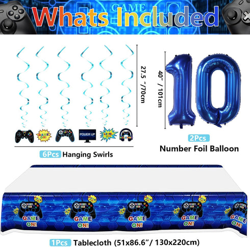 Video Game Party Decorations - 10th Birthday Decorations for Boys, HAPPY BIRTHDAY Banner, Video Game Balloons, Number 10 Blue Balloons, Gaming Hanging Swirls, Game On Birthday Party Supplies