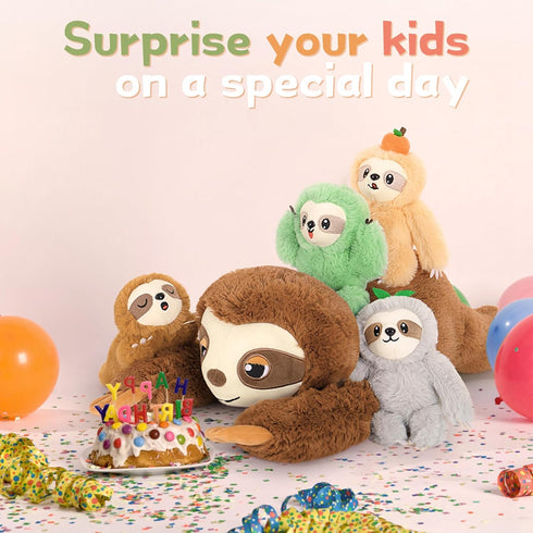 Tezituor Sloth Plush Toy Set of 5, Mommy Sloth Stuffed Animal with 4 Plush Sloth Babies, Gifts for Kids Age 3-9