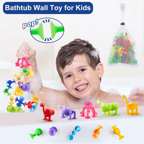 ZMZS Suction Toys for Baby, Bath Toys for Kids Ages 4-8, 40 Pieces Toddler Stress Release Sensory Toys, Suction Cup Animal with Dinosaur Eggshell Storage, Educational Gift for Boys Girls Age 3+