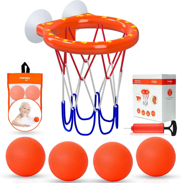 Bath Toys – Bathtub Basketball Hoop for Toddlers, 4 No-Hole Balls & Strong Suction Cups, Fun Bath Toy
