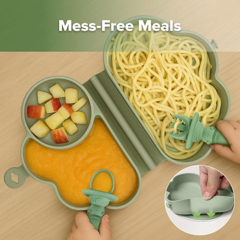Set 6M+ haakaa Cloud Crew Silicone Travel Baby Feeding with Foldable Suction Baby Plate, Silicone Bib, Baby Spoon