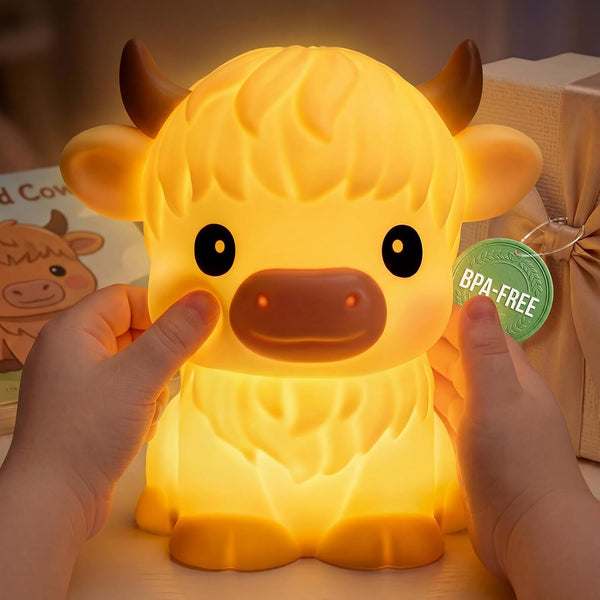 BPA-Free SiliconeHuggwaii Highland Cow Night Light for Kids, Dimmable Squishy Night Light