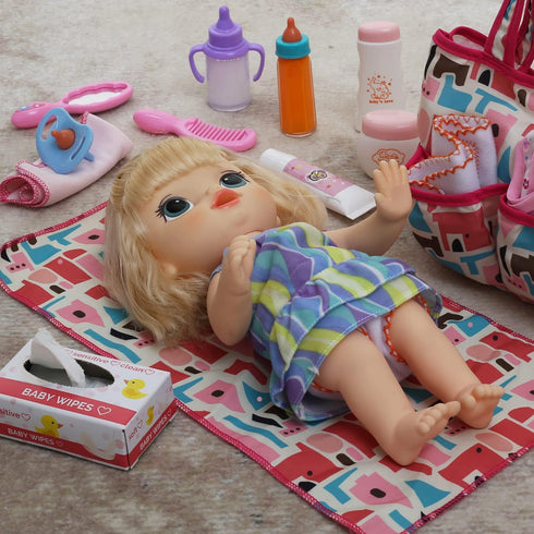 14 Pack Set Set Baby Doll Accessories, Baby Doll Feeding and Caring Includes Diaper Bag, Doll Diapers, Magic Bottle