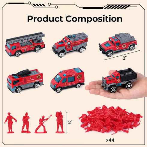 50PCS Set, 6PCS 44PCS 3 LovesTown Fire Truck Toy Die-cast Small Rescue Emergency Vehicles Red Fire Trucks Firemen Toy