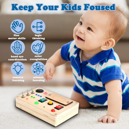 LED Light Switch Busy Board Montessori Toy - Kids Wooden Control Panel Activity Sensory Board for Toddlers 1 2 3 Year
