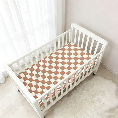 CZXW 52" 28" Netural Checkerboard Crib Sheets Fitted x Natural Cotton Soft & Breathable for Baby Crib Mattress