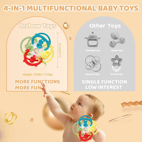 Orzbow Rattle & Sensory Teething Toys for Baby - Montessori Teethers for 3-12 Months, Educational Chew Toys