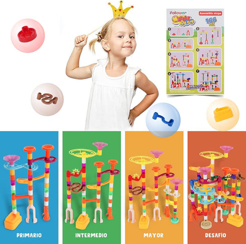 166 Set 3 4 5 6 7 8 9 10 11 12 pcs Marble Run, Upgraded Marbles Run Kit for Kids STEM Toys with Glow Marbles, Beginner