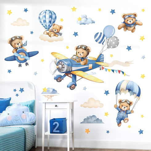decalmile Airplane with Animals Wall Stickers Hot Air Balloon Bear Clouds Wall
