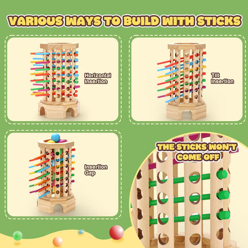 3-6 Montessori Wooden Board Game for Kids Years - Educational Learning Toy with Colorful Sticks, Dice& Balls - Fine