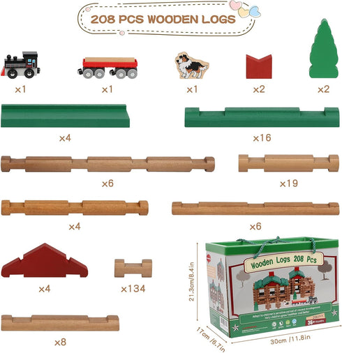 Wondertoys 208 Pcs Classic Wooden Log Set, Real Wood Building Logs for Ages 3+, Retro Gift Set for Boys