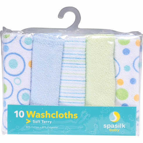 Spasilk Soft Terry Washcloth Wipes Set for Newborns, Pack of 10, Blue Circles