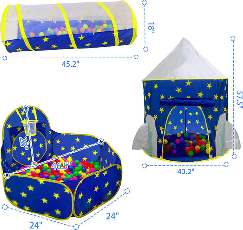 PigPigPen 3pc Kids Play Tent for Boys with Ball Pit, Crawl Tunnel, Princess Tents for Toddlers