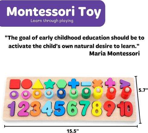 Wooden Montessori Toys for Kids, Toddler Number Puzzles Sorter, Counting Shape Stacker for Learning Education Math