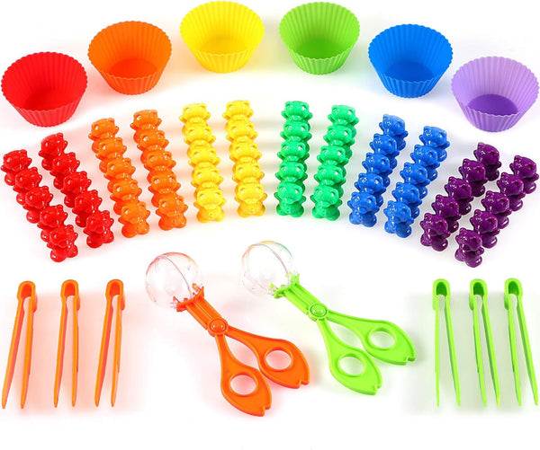 74 Pieces Counting Sorting Bears Set, Sensory Bin Tools with 60 Rainbow Sorting Bears, Tweezers, Scissors Clips,