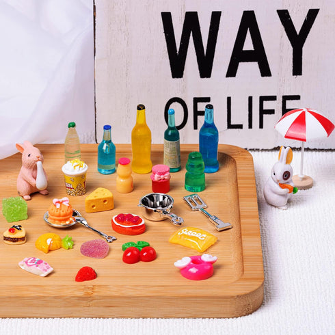 FFNIU 160 Pcs Mini Food Toys, Miniature Food Drinks Bottles for Doll Kitchen Pretend Play, Mixed Resin Kitchen Cutlery