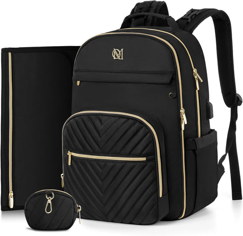 MOMUVO Diaper Bag Backpack, Quilted Baby Bag with Changing Pad & Stroller