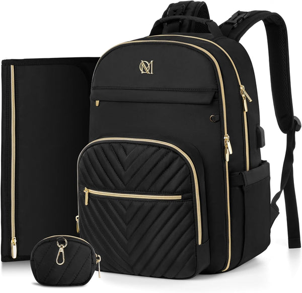 MOMUVO Diaper Bag Backpack, Quilted Baby Bag with Changing Pad & Stroller
