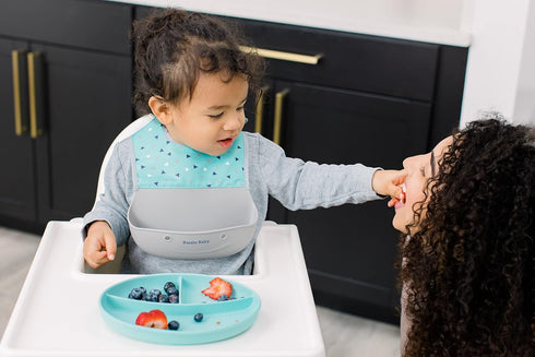 Bazzle Baby Silicone Bibs with Food Catcher - Waterproof 2-Pk, Rolls Up for Easy Travel and Storage