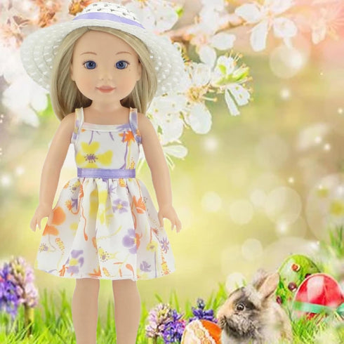 Emily Rose 14 Inch Doll Spring/Summer Chiffon Easter Dress with White Hat for American Girl