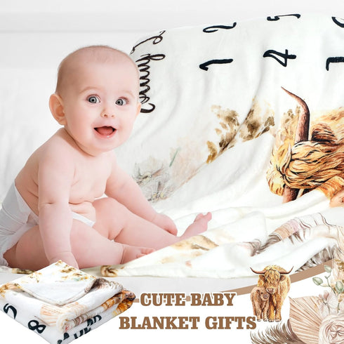 Boho Floral Baby Monthly Milestone Blanket, Neutral Bohemian Photo Prop Blanket, Personalized Highland Cow Baby Present