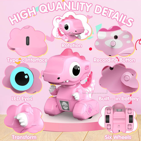 2.4GHZ Remote Control Car Pink Dinosaur Toy, Remote Control Girls Dinosaur Toys Pink RC Drifting Car, Recording