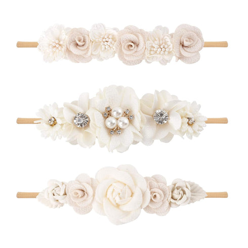 Baby Girl Floral Headband, Nylon Flower Crown Elastic Hairband Set of 3 Hair Accessories Gift for Girls