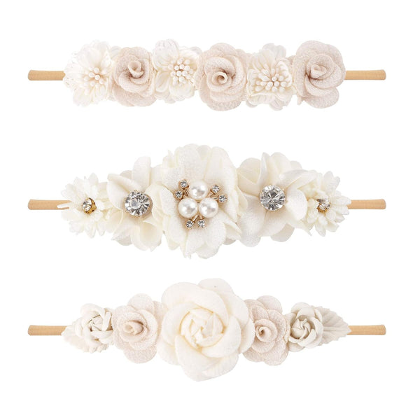 Baby Girl Floral Headband, Nylon Flower Crown Elastic Hairband Set of 3 Hair Accessories Gift for Girls