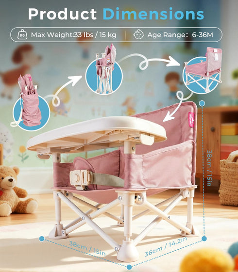 YEFAJUMP 2-Pack Portable Baby Chair, Baby Beach Chair with Interchangeable Seat Covers, Portable Booster Seat with Tray