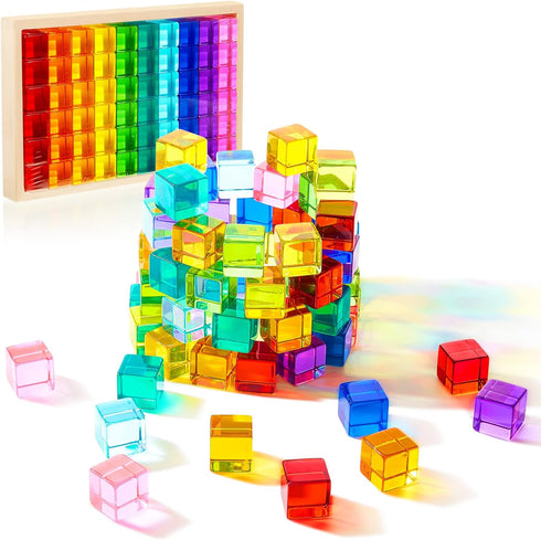 Meooeck 60 Pcs Acrylic Gem Cubes, Translucent Rainbow Building Blocks, Educational Sensory Training Toys with Storage