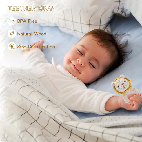 Wooden Baby Rattle Crochet Lion, Handmade Newborn Toy for Early Development Grips Stuffed Animal Organic Rattle