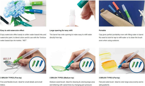 Tombow Water Brush Fine Tip, Refillable Watercolour Brush for Techniques, Adjustable Water Flow
