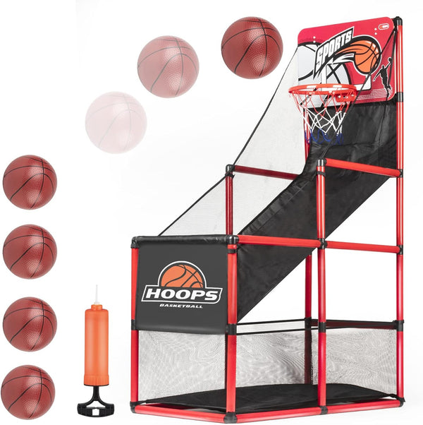 Kids Basketball Hoop Set with Stand, Arcade Game with 5 Inflatable Balls, Easy Set Up for Indoor Outdoor Competition