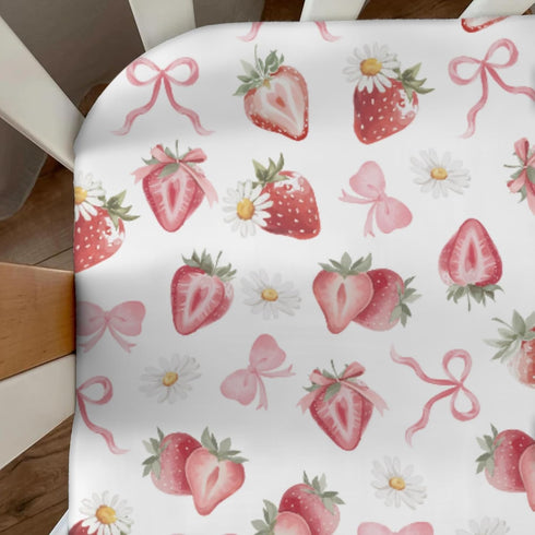Cstdyfrv 52"x28" Strawberry Pink Bows Floral Baby Crib Sheets Sweet Watercolor Strawberry Daisy Flowers Soft Baby