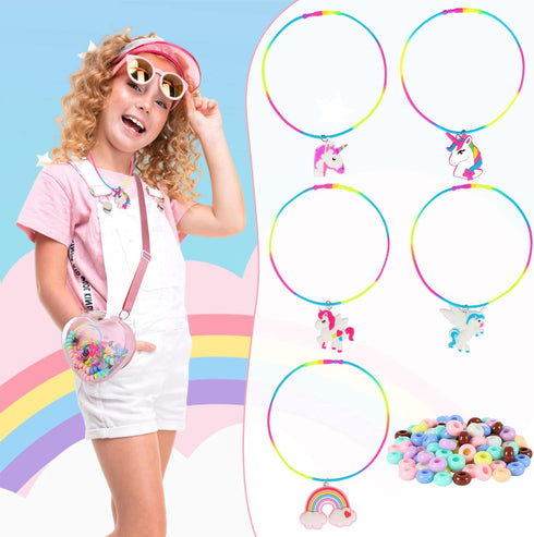 FLYINGSEEDS Unicorn Jewelry Making Kit with 5 Rubber Necklaces, 100 Big Holes Beads Toy Set